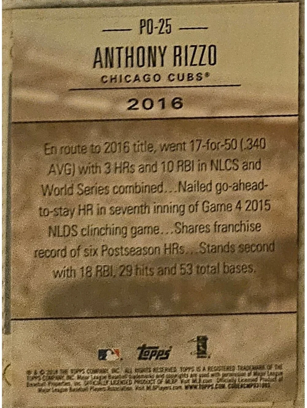 Anthony Rizzo 2018 Topps Update Postseason Preeminence #PO-25 Cubs